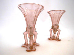 Pair of Pink Pressed Glass Art Deco  " Rocket " Vases.  Bohemia Area 1930s.  17 cm  6.70"  high