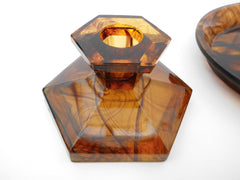 Art Deco Vanity Dressing Table Set in Amber Cloud Pressed Glass, Polished outside, matt inside. Seven Pieces, 1929 George Davidson & Co, England.