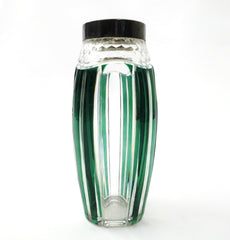 Small Crystal Vase with Plated Silver Collar. Val St. Lambert Belgium 1950s.  Emerald Green, hand-cut-to-clear.