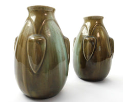 Lovely couple of 2 Art Deco Vases "Faïenceries de Thulin" Model 27 Belgium 1920s. Color Drip Glaze Technique with Shades of olive green and green blue.