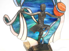 Decorative Art Deco Style White Casting bronze Display. Blue, green & white Hand Made Stained Glass. Backlighted.