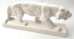 White Ceramic Tiger Sculpture on a Base in Craquelé.   STR France 1920s
