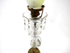 Desk Lamp origin Austria/Germany 1920s. Brass alloy. "Girandole" look with ornamental cut glass. Lamp shade in soft green opaline Glass with floral decor.