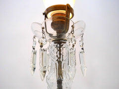 Desk Lamp origin Austria/Germany 1920s. Brass alloy. "Girandole" look with ornamental cut glass. Lamp shade in soft green opaline Glass with floral decor.