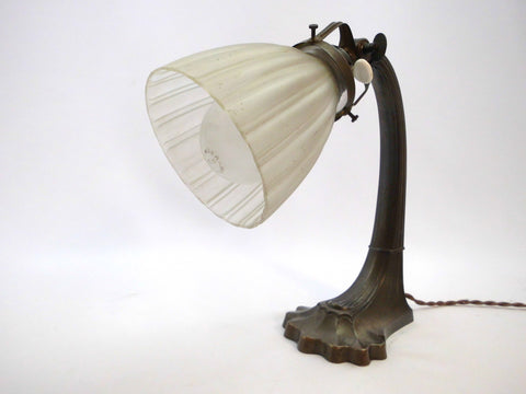 French Art Deco Table Lamp with white opaque glass shade and beautifully crafted bronze/brass Base.  France 1920s.