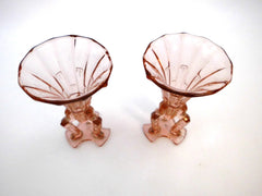 Pair of Pink Pressed Glass Art Deco  " Rocket " Vases.  Bohemia Area 1930s.  17 cm  6.70"  high