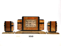 4 kinds of Marble Art Deco Mantel Clock. Eight-day clock, no Chime. Comes with a pair of matching Garnitures.  France Period 1930-1939