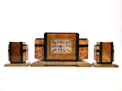 4 kinds of Marble Art Deco Mantel Clock. Eight-day clock, no Chime. Comes with a pair of matching Garnitures.  France Period 1930-1939