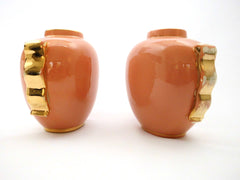 Pair of Oval Vases Boch Frères La Louvière Belgium. Form 1291/0 designed by Master Designer Charles Catteau 1934. Monochrome Peach execution with Gold-tone Ornaments. Priced per Pair.