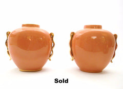 Pair of Oval Vases Boch Frères La Louvière Belgium. Form 1291/0 designed by Master Designer Charles Catteau 1934. Monochrome Peach execution with Gold-tone Ornaments. Priced per Pair.