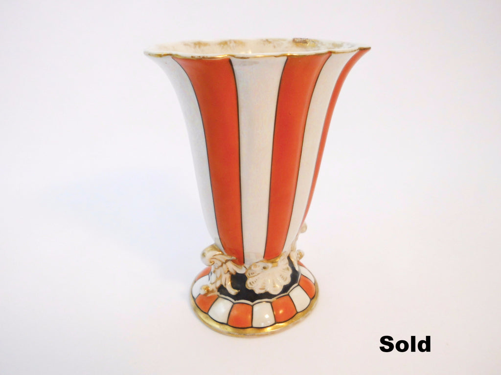 Noritake Handpainted Orange White Stripes Vase  1930s