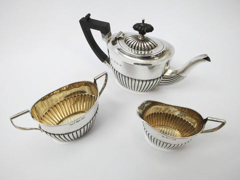 Three Piece Edwardian Bachelor Tea Set. Sterling Silver with Silver-Gilt Interiors. James Woods & Sons Birmingham 1901.