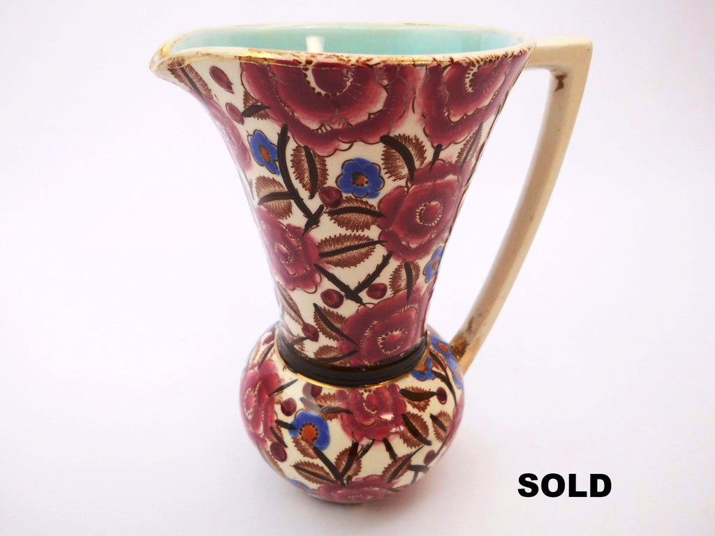 Hand Painted Pitcher with flower decor and light blue interior created by Raymond Chevallier. BOCH Frères La Louvière  Belgium  End 1930s