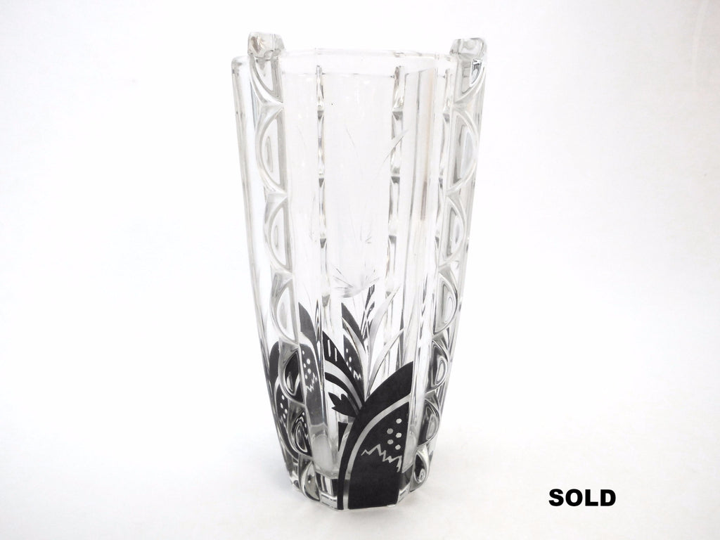 Unique Shaped Glass Vase with Black Enamel Modernist and Engraved Flower Decor. Haida Bohemia 1930's
