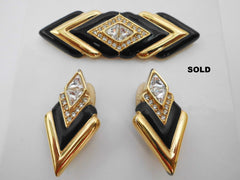 SWAROVSKI Crystal Rhinestones Black Enamel & Gold tone Brooch and Earrings