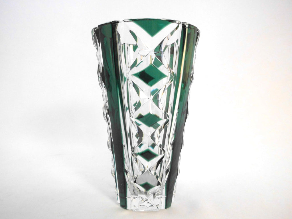 Beautiful signed Val Saint Lambert Circular Crystal Vase.  Emerald Green, hand-cut-to-clear. Mid-Century 1950s Belgium.