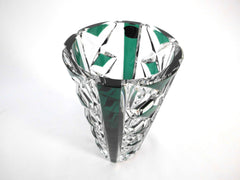 Beautiful signed Val Saint Lambert Circular Crystal Vase.  Emerald Green, hand-cut-to-clear. Mid-Century 1950s Belgium.