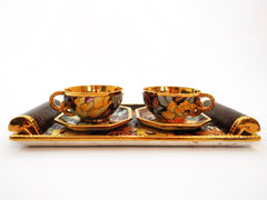 "Tête à tête" Gilded Ceramic Coffee/TeaSet NAGAKO Decoration (2938). Created by Raymond Chevallier  BOCH Frères Keramis, La Louvière  Belgium 1940s.