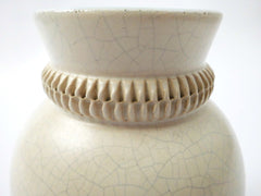Elegant Creamy White Craqueled Glaze Vase. Turquoise Glaze inside Collar. Pol Chambost 1950s France.