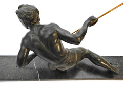 Art Deco Sculpture Hunter with Spear on a black&white Marble Base by Jean de Roncourt France 1920s. Beautiful fine detailed figure in Spelter with a verdigris patina.