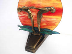 Decorative Art Deco Style White Metal Casting bronze Display. Orange, green & yellow Hand Made Stained Glass. Backlighted.