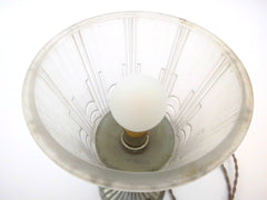 Art Deco Table/desk Lamp, France 1920s-1930s designed by Georges Leleu (1883-1961). Chromed Lamp foot, Opaque Off-white colour Lampshade with an art deco pattern.
