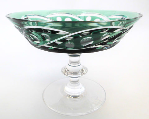 Crystal Centerpiece with Coupe in Emerald Green, hand-cut-to-clear on a transparent Pedestal. Created by Hubert Lega, Val St Lambert Belgium 1960s.