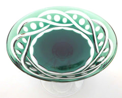 Crystal Centerpiece with Coupe in Emerald Green, hand-cut-to-clear on a transparent Pedestal. Created by Hubert Lega, Val St Lambert Belgium 1960s.