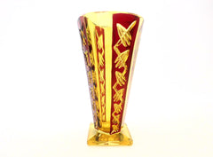 H.Markhbeinn Paris Vase in Pressed Glass Topaze colour & Ruby Red transparent email. Beautiful geometrical Art Deco/Modernist design. The model named "POMPEI" was listed in the 1932 Markhbeinn Catalogue.