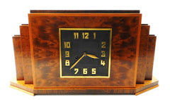 Huge Mantel Clock in "érable moucheté" & Coromandel wood veneer. "Haagse School" Design Holland 1920s-1930s. Eight-day clock movement with Chime.