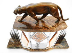 Bronze Panther Clock Set by Michel Decoux, France around 1910. Art Deco Cubist French Clock set with a 6 side Glass Clock case, mounted on a brown marble base with stepped chrome tubing.